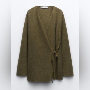 Zara olive green wool and alpaca blend wrap sweater with tie size M